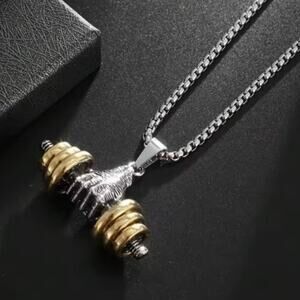 Men’s Dumbbell Pendant Necklace | Silver & Gold Tone Strength Gym Chain Gift